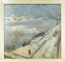 Szentiványi Lajos (1909-1973): Dunapart, 1942. Pasztell, papír, jelzett. Sérült. Üvegezett fa keretb...