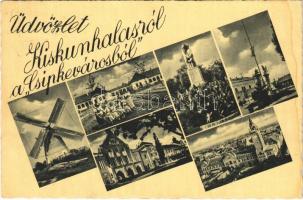 1944 Kiskunhalas, Üdvözlet a Csipkevárosból! Szélmalom, Országzászló, Városháza (EK)