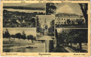 1942 Verőce, Nógrádverőce; látkép, Római katolikus templom, Migazzi kastély, Duna-part, evezős csónak, Árpád út (gyűrődés / crease)