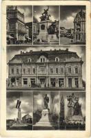 1944 Nyíregyháza, Hotel Szabolcs szálloda, üzletek, automobil, Országzászló, Hősök szobra, emlékmű (EK)