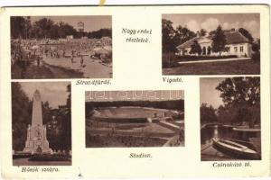 1937 Debrecen, Nagyerdei részletek, Strandfürdő, Vigadó, Városi fürdő, Hősök szobra, emlékmű, Stadion, Csónakázó tó (EK)