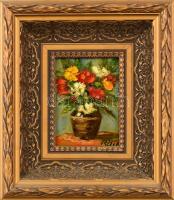 Réti Mátyás (1922-2002): Virágok. Olaj, farost, jelzett. Hátoldalán autográf felirattal. Dekoratív fa keretben, 14×10 cm