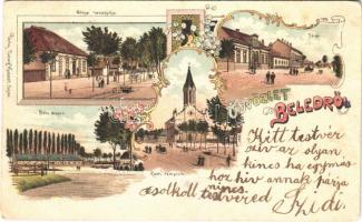 1907 Beled (Kapuvár), Gönye vendéglője, étterem, Fő tér, Béla major, Római katolikus templom. L. F. Kummert 4018. Art Nouveau, floral, litho (EK)