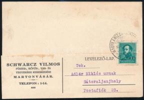 1936 Martonvásár, Schwarcz Vilmos fűszer-, rőfös-, vas- és vegyesáru kereskedése fejléces levelezőlap