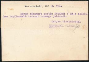 1936 Martonvásár, Schwarcz Vilmos fűszer-, rőfös-, vas- és vegyesáru kereskedése fejléces levelezőla...