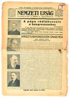 1938 Nemzeti Újság XX. évf. 120. sz., 1938. máj. 29., beszámolóval a XXXIV. Nemzetközi Eucharisztikus Kongresszus eseményeiről, szétvált címlappal, kisebb szakadásokkal, 16 p.
