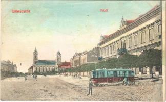1909 Békéscsaba, Fő tér, motor, városi vasút, kisvasút, templom, Népbank