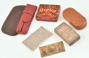 Vegyes bolhatétel, névjegykártyatartó, szemüveg tokjában, perzsa fém doboz csont berakással, stb.