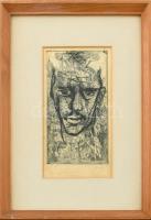 Varga Gyula (1935-2002): József Attila. Rézkarc, papír, jelzett, autográf ajánlási sorokkal. Üvegezett fa keretben. 19×10,5 cm