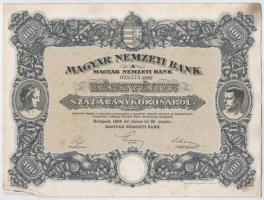 Budapest 1924. "Magyar Nemzeti Bank" részvény 100K-ról (2x), sorszámkövetők "029.398 ...