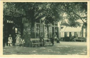 Szliács, Sliac; Fő tér, Kossuth fa, Kerekes Miklós üzlete és saját kiadása / main square, shop, tree