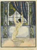 Medgyes László (1892-?): Ablak előtt. Litográfia, papír, jelzett. Üvegezett fa keretben. 20x15,5 cm