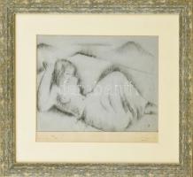 Olvashatatlan jelzéssel: Teraszon (női akt), 1934. Szén, papír. Üvegezett fa keretben. 20x25,5 cm