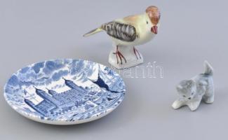 3 db porcelán: Wedgewood tálka, Aquincum madár jelzetlen cica