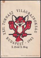 1983 XXII. Tornász Világbajnokság Budapest villamosplakátja Vuk grafikával, rajta rajzszeg ütötte lyukakkal, 24×17 cm