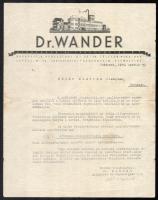 1939 Dr. Wander Gyógyszer- és Tápszergyár fejléces levélpapírja, Wander aláírással
