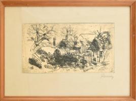 Remsey Jenő (1885-1970): Tanya. Rézkarc, papír, jelzett, üvegezett fa keretben, 16x30 cm.