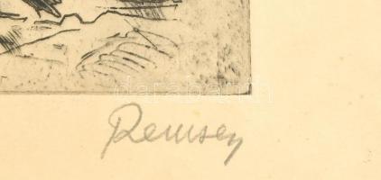 Remsey Jenő (1885-1970): Tanya. Rézkarc, papír, jelzett, üvegezett fa keretben, 16x30 cm