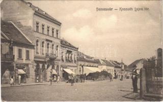1908 Temesvár, Timisoara; Kossuth Lajos tér, Josef Kehn, Constantin Czaran üzlete, kávéház / square, shops, cafe