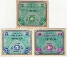 Franciaország / Szövetséges katonai kiadás 1944. 2Fr + 5Fr + 10Fr T:III France / Allied Military Issue 1944. 2 Francs + 5 Francs + 10 Francs C:F trace of stapler