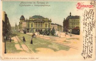 1902 Budapest VIII. Népszínház és Kerepesi út, villamos. Erdélyi cs. és kir. udvari fényképész felvételei után. litho (EB)