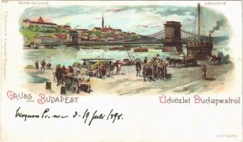 1898 Budapest, Lánchíd, rakpart. F. Schmuck litho (vágott / cut)