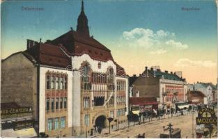 1916 Debrecen, megyeháza, utca, Apollo mozgó mozi, Komlós Géza, Schweitzer testvérek üzlete. Vasúti levelezőlapárusítás 14. 1916. (EK)