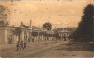 1920 Paks, Fő tér, Erzsébet nagy szálloda, Bazársor tetején Szent Vendel, Szent Flórián és Nepomuki Szent János szobra