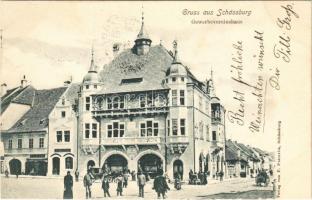 1910 Segesvár, Schässburg, Sighisoara; Iparosegylet háza, August Lang üzlete, Schuster gyógyszertára / Gewerbevereinshaus, Apotheke zur Krone / House of Craftsmen Association, shop, pharmacy