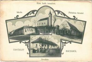 1940 Bácsa, Nagybácsa (Győr); Iskola, Római katolikus templom, Plébánia hivatal, Árvaház. Jánossy János fényképész kiadása (gyűrődés / crease)