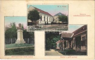 1910 Erdőcsokonya (Csokonyavisonta), M. kir. posta, Gróf Széchenyi István szobor, részlet a grófi parkból, kastély. Löwy Markusz fiai kiadása (fl)