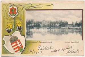 1907 Nagykőrös, Csónakázó tó, magyar címer. Geszner Jenő kiadása. Art Nouveau, Emb. litho (apró lyuk / tiny pinhole)