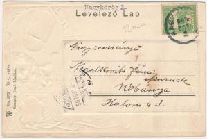 1907 Nagykőrös, Csónakázó tó, magyar címer. Geszner Jenő kiadása. Art Nouveau, Emb. litho (apró lyuk...