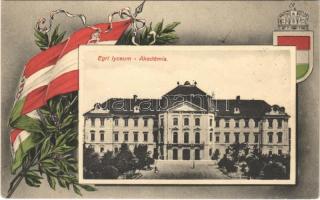 Eger, Akadémia, Lyceum. Magyar zászlós címeres szecessziós keret, Art Nouveau (kis szakadás / small tear)