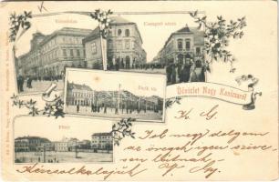 1899 Nagykanizsa, Városháza, Csengeri utca, Deák tér, Fő tér, üzletek. Alt és Böhm kiadása. Art Nouveau, floral (EB)