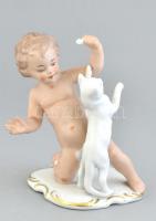 Wallendorf porcelán puttó cicával, kézzel festett, jelzett, kis kopásnyomokkal, m: 13 cm