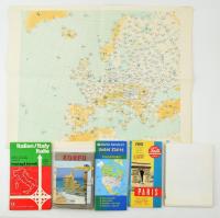 6 db vegyes térkép: Európa meteorológia térképe, Korfu útikönyv és térkép, USA, Párizs térképe, Olaszország autóstérképe, politikai világtérkép. Vegyes méretben.