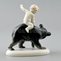 Metzler Orloff medvén lovagló puttó, kézzel festett, jelzett, kis kopásnyomokkal, m: 14 cm