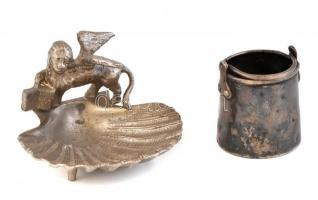 Oroszlános kagylós tálka, fém, m:6cm, mini ón vödör, jelzett, m:5cm. Sérült.