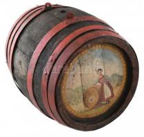 Antik cégér: Kis boros hordó, festett borozó jelenettel d: 33 cm