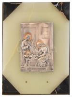 Ónix alapra applikált ezüstözött Szent Család plakett, jelzett, plakett: 10,5×7 cm, alap: 19×14 cm