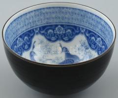 Japán pávás porcelán tálka, levonóképes, jelzés nélkül, kopásnyomokkal, d: 9 cm