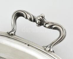 Ezüst (Ag) Nagyméretű füles szerviztálca, jelzett, aljában fa betéttel, 69x43,5cm, bruttó: 2600 g