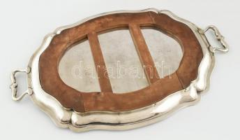 Ezüst (Ag) Nagyméretű füles szerviztálca, jelzett, aljában fa betéttel, 69x43,5cm, bruttó: 2600 g