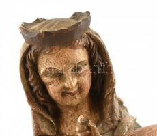 Szűz Mária Jézussal, faragott, festett fa szobor, sérülésekkel, m: 48 cm