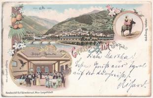 1898 (Vorläufer) Ala (Südtirol), Bahnhof Restauration / railway station restaurant, interior. Kunstanstalt Karl Schwidernoch Art Nouveau, floral, litho (EK)
