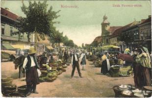 Kolozsvár, Cluj; Deák Ferenc utca, piac, Marcinkiewicz üzlete, sörcsarnok / street view, market vendors, shops, beer hall (Rb)