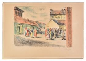 Szőnyi István (1894-1960): Piaci jelenet. Litográfia, papír, jelzett, szakadással, 26x34 cm