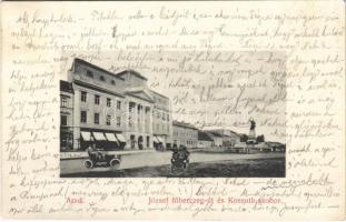 1914 Arad, József főherceg út és Kossuth szobor, üzletek, automobilos montázs / street view, monument, shops, automobile montage (EK)