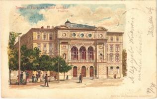 1899 Temesvár, Timisoara; Ferenc József színház / Theater / theatre. Corvina litho + TEMESVÁR - ARAD 93. SZ. vasúti mozgóposta bélyegző (fl)